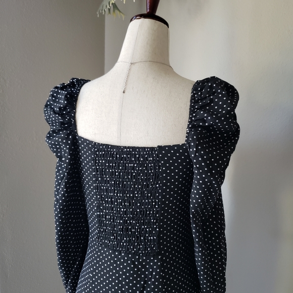 Black Polka Dot Print Gigot Long Sleeve Midi Dress - Picture 8 of 13